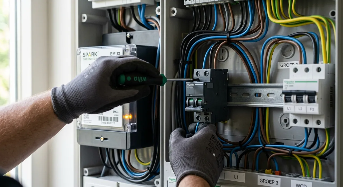 Spark partner-installer monteert Spark V2 module op DIN-rail in meterkast